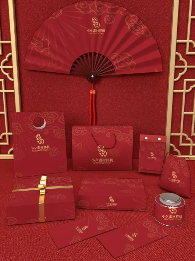 红色国潮新年中秋礼盒品牌VI包装展示PSD样机素材 - 封面预览