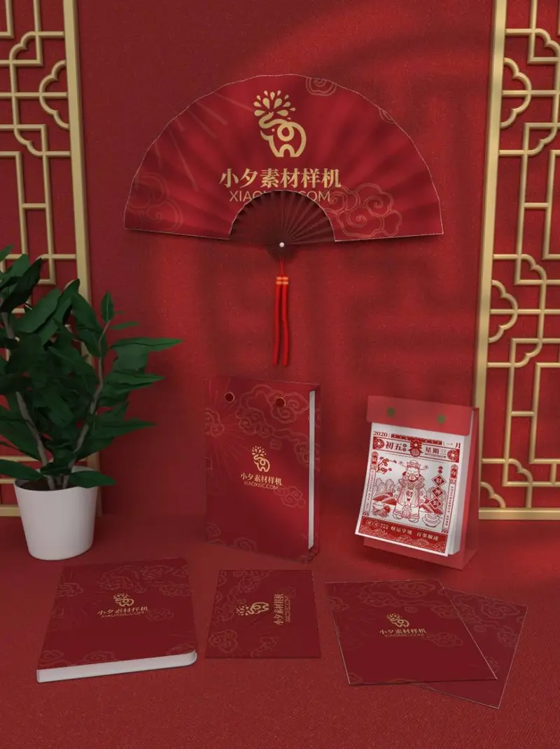 中国红新年品牌文创周边产品展示PSD样机模板 - 封面预览