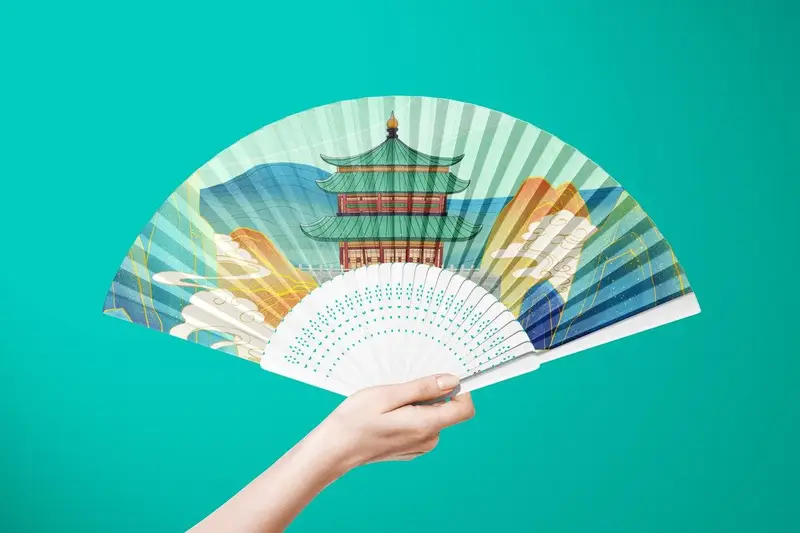 国潮古风古建筑折扇插画高清背景PSD设计素材 - 封面预览