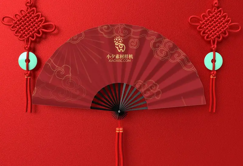 国潮红色折扇品牌logo展示样机PSD素材 - 封面预览