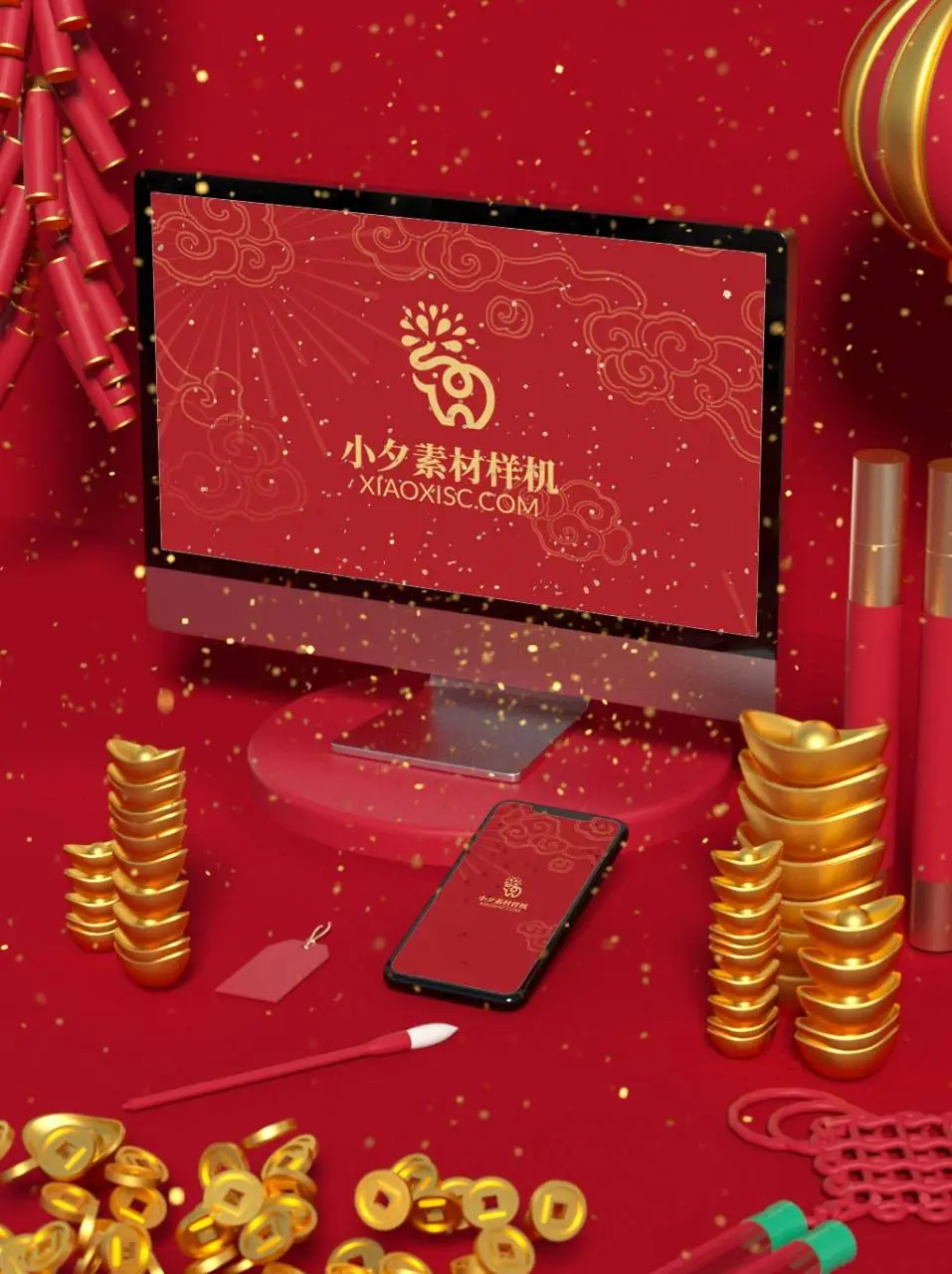 红金喜庆新年品牌logo展示场景PSD样机素材 - 第1页