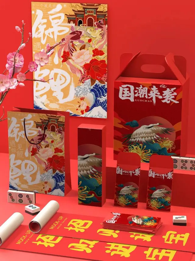 国潮锦鲤主题品牌包装文创周边展示PSD样机素材 - 封面预览