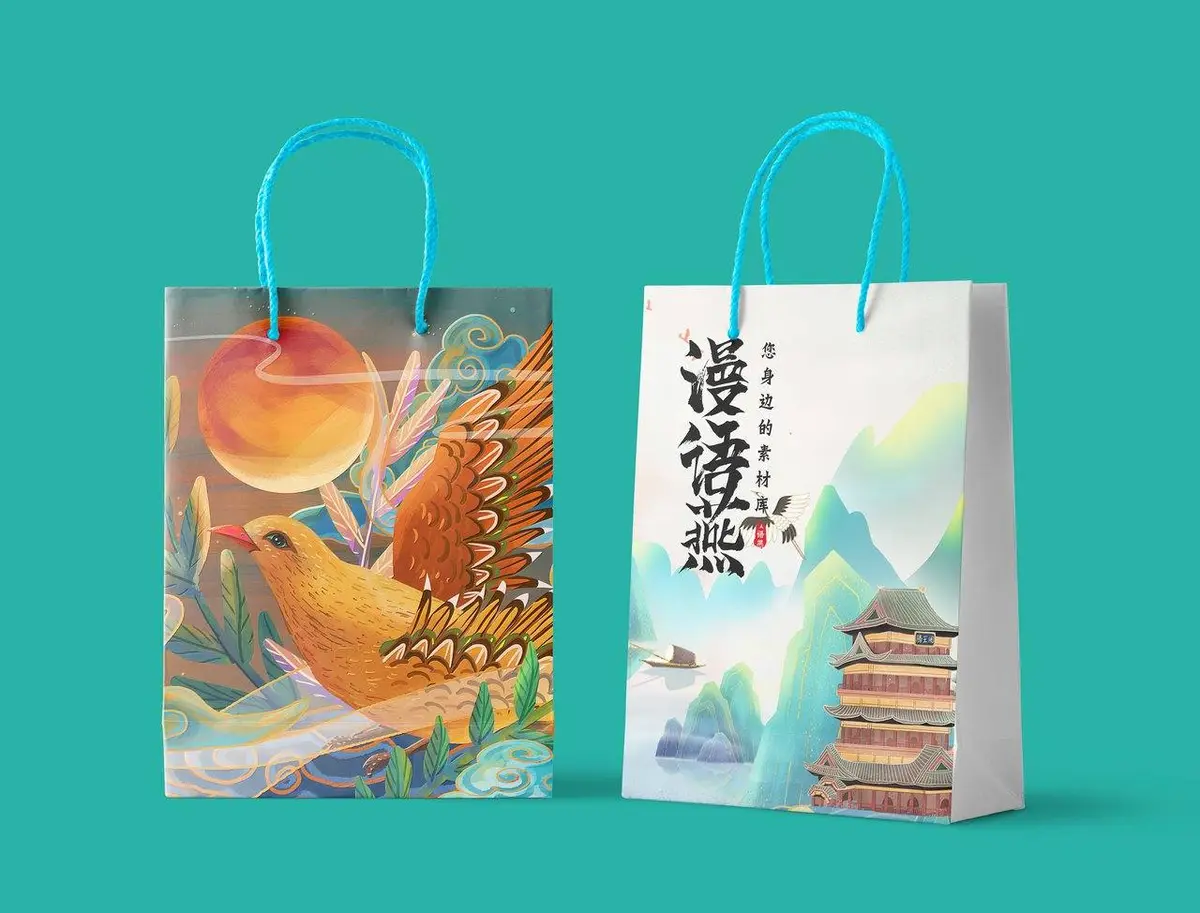 国潮风文创品牌手提袋包装设计PSD素材 国风山水飞鸟主题手提袋样机 - 第1页