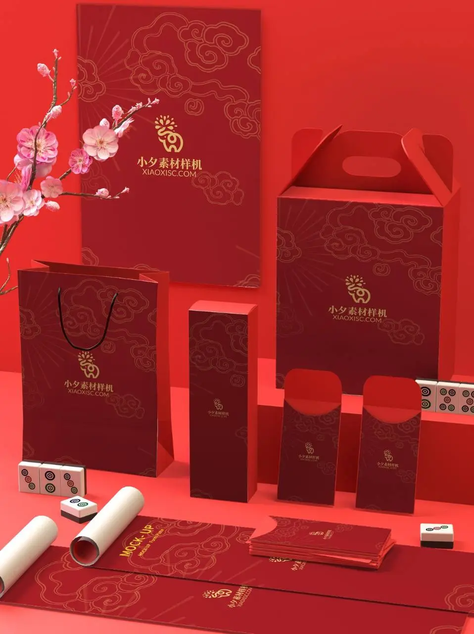 中国红国潮新年品牌文创包装样机PSD设计素材 - 第1页