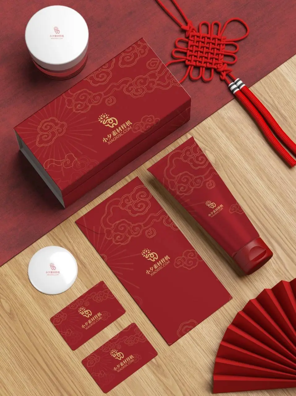 新中式国潮红色品牌文创包装VI展示PSD样机素材 - 第1页