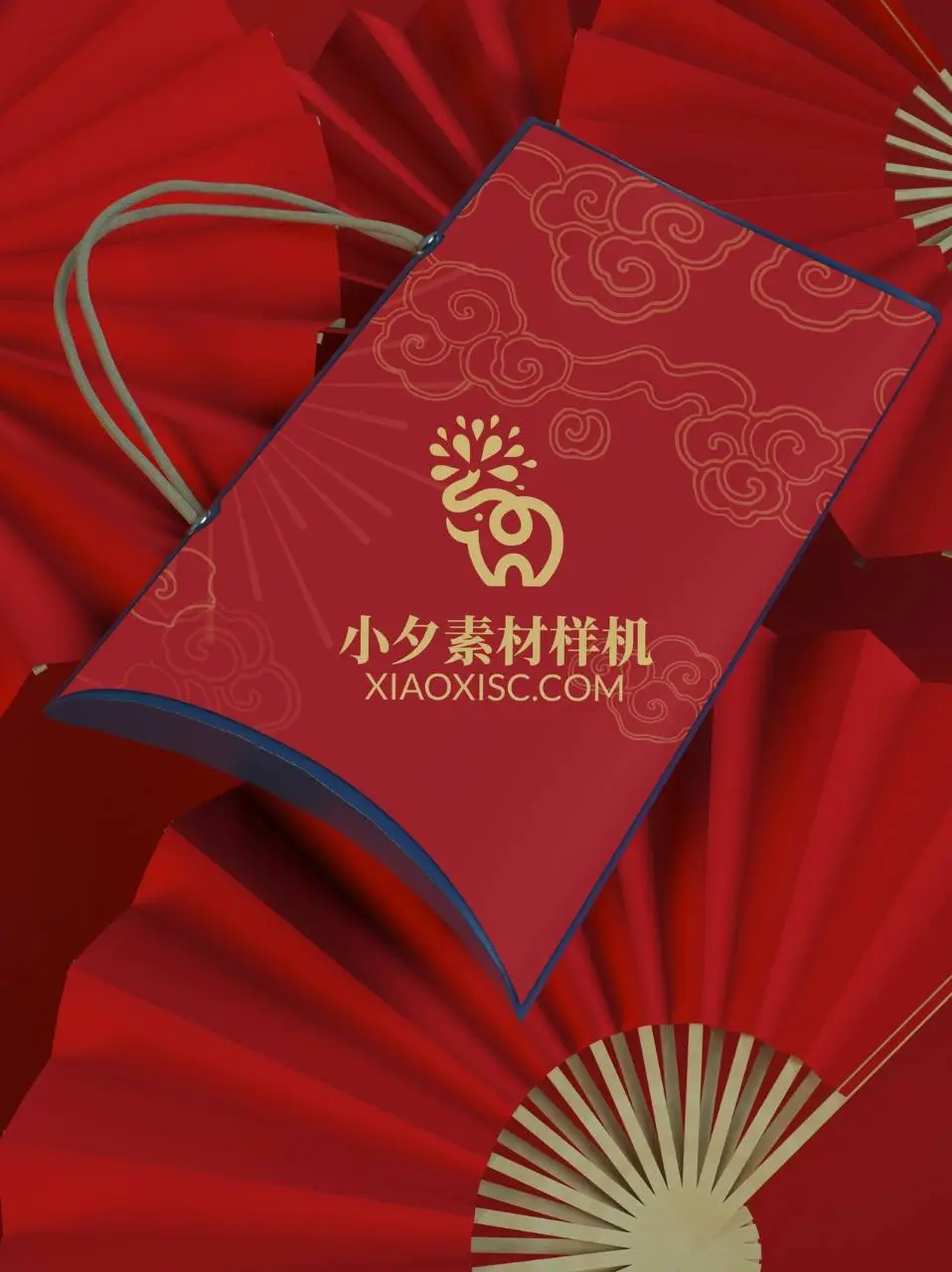 国潮红色祥云手提袋品牌logo展示PSD样机素材 - 第1页