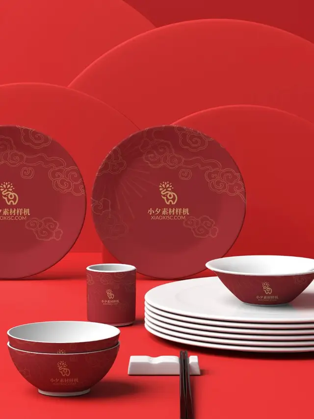 中国风红色祥云餐具品牌logo展示PSD样机模板 - 封面预览