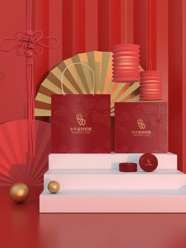 国潮红色新年礼盒包装展示PSD样机素材 - 封面预览