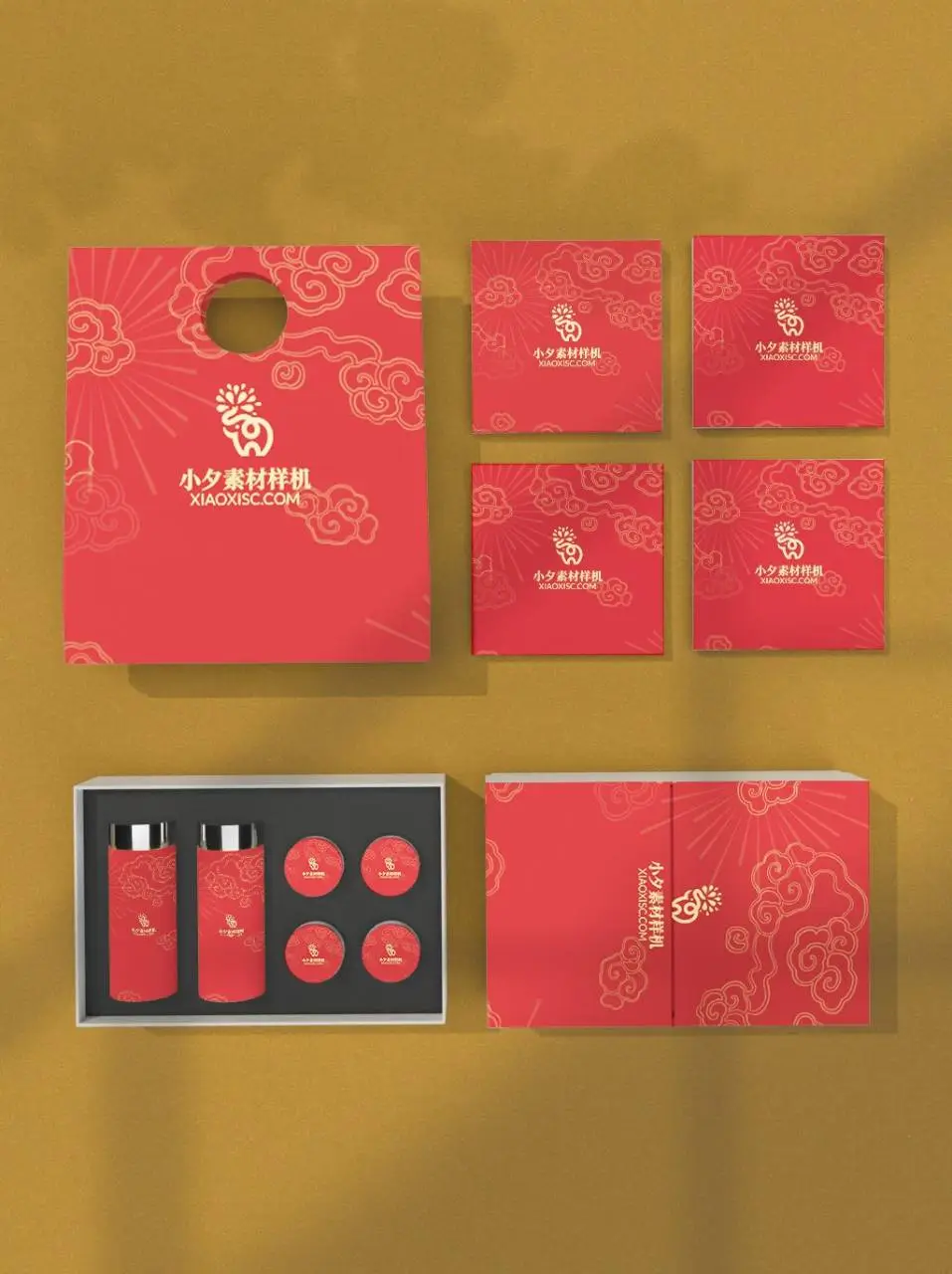 国风红色祥云纹样品牌礼盒包装文创周边展示PSD样机素材 - 第1页