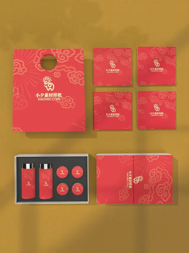 国风红色祥云纹样品牌礼盒包装文创周边展示PSD样机素材 - 封面预览