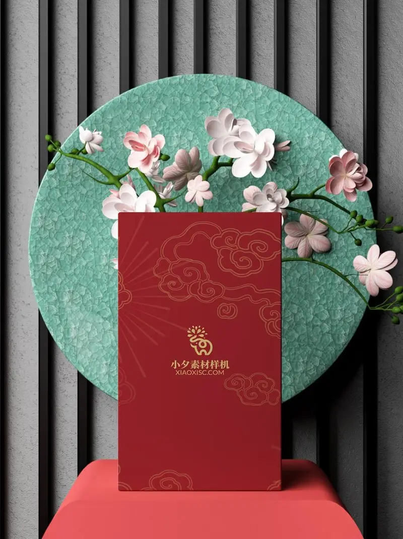 新中式国潮红金祥云贺卡邀请函展示PSD样机素材 - 封面预览