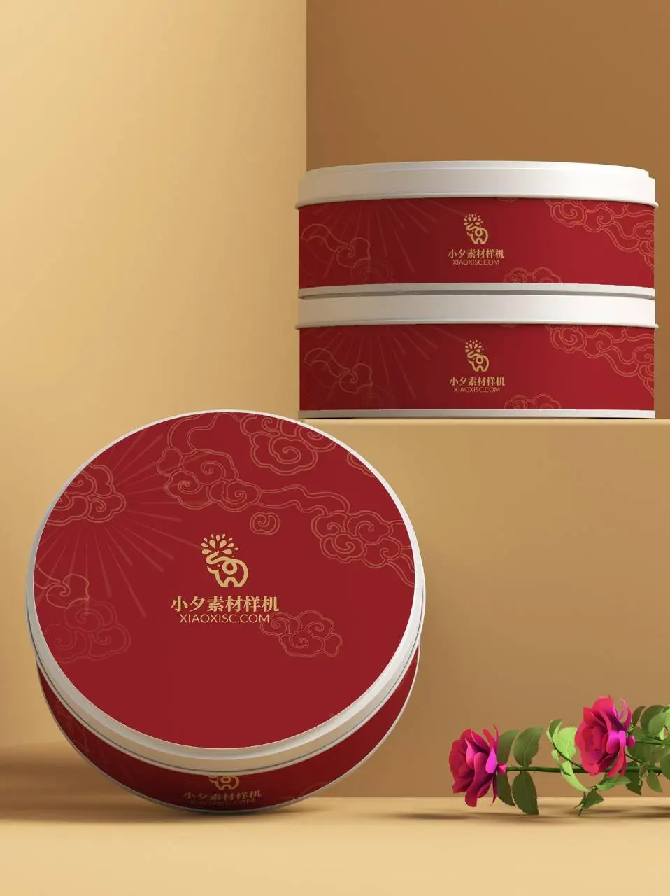 国潮风红色圆形铁盒包装展示PSD样机素材 - 第1页