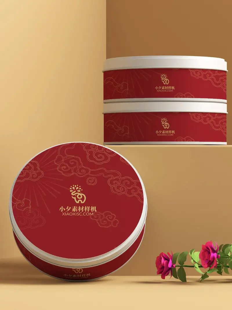 国潮风红色圆形铁盒包装展示PSD样机素材 - 封面预览