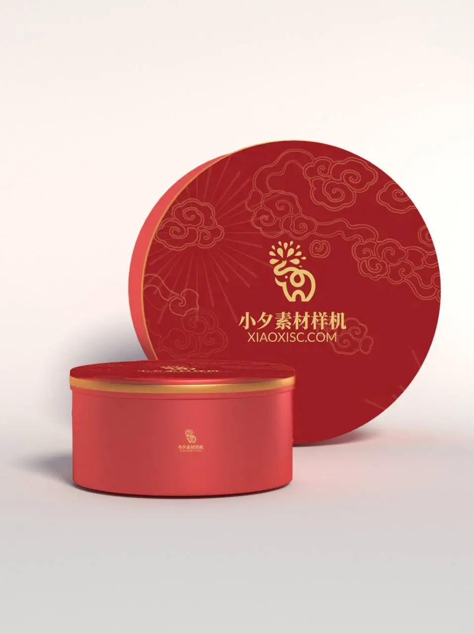 国风红色圆形礼盒包装PSD样机素材 中式祥云纹样礼品盒展示模板 - 第1页