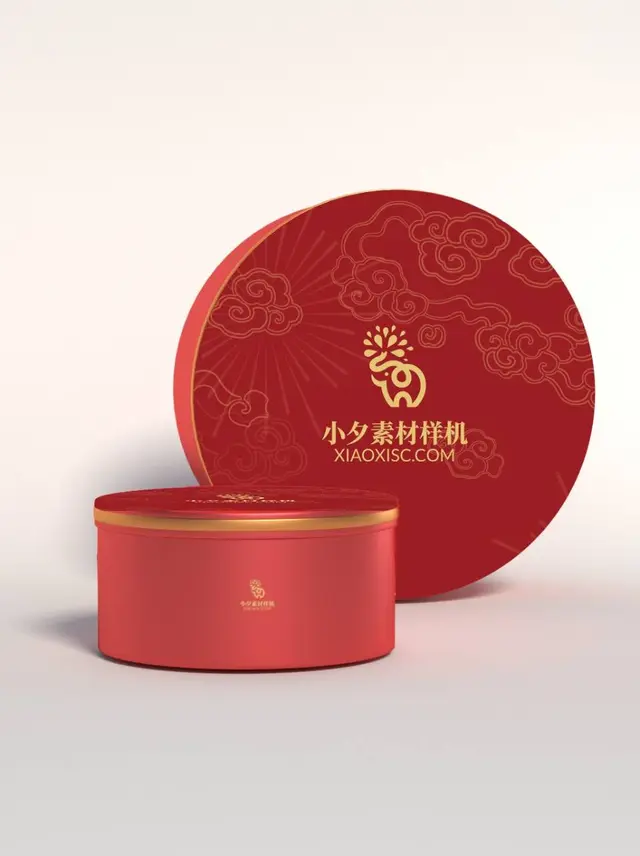 国风红色圆形礼盒包装PSD样机素材 中式祥云纹样礼品盒展示模板 - 封面预览