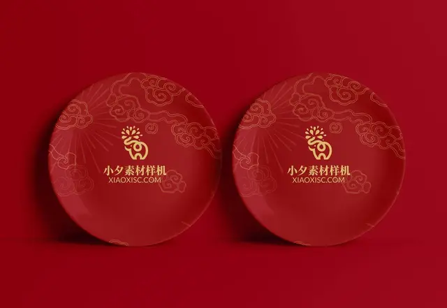 中国红祥云纹样品牌logo陶瓷圆盘展示PSD样机素材 - 封面预览