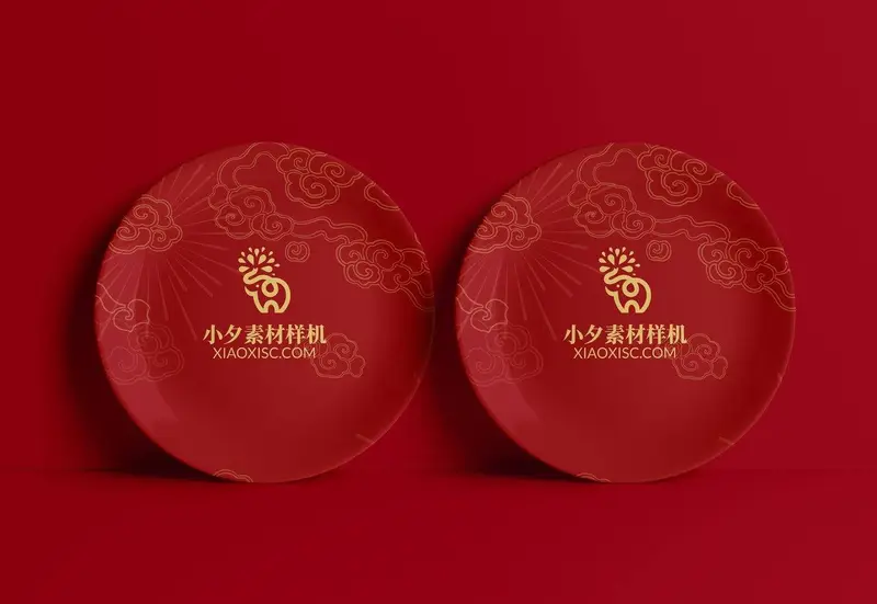 中国红祥云纹样品牌logo陶瓷圆盘展示PSD样机素材 - 封面预览