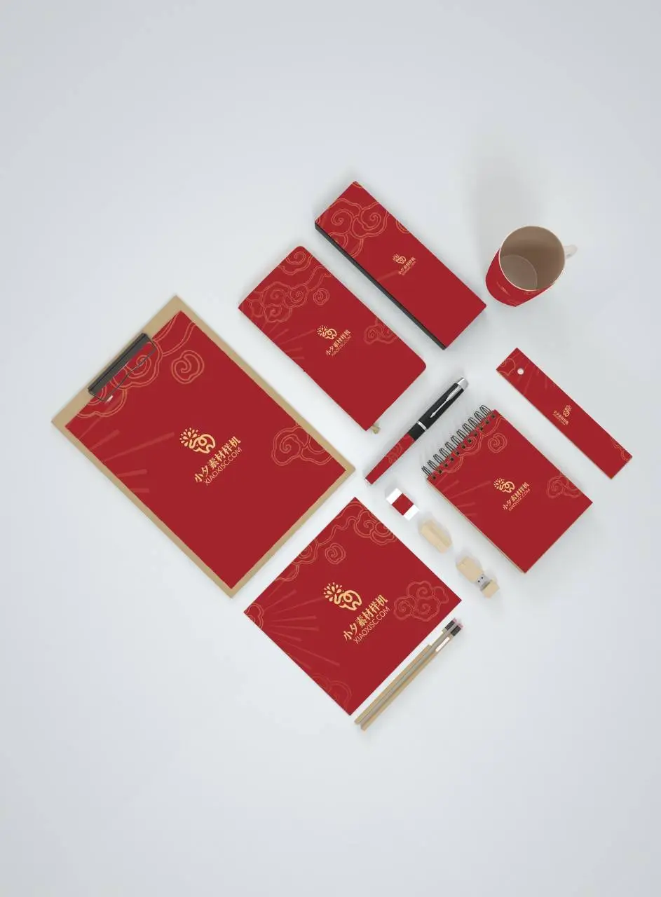 红色国风祥云企业办公文具品牌VI样机PSD素材 - 第1页