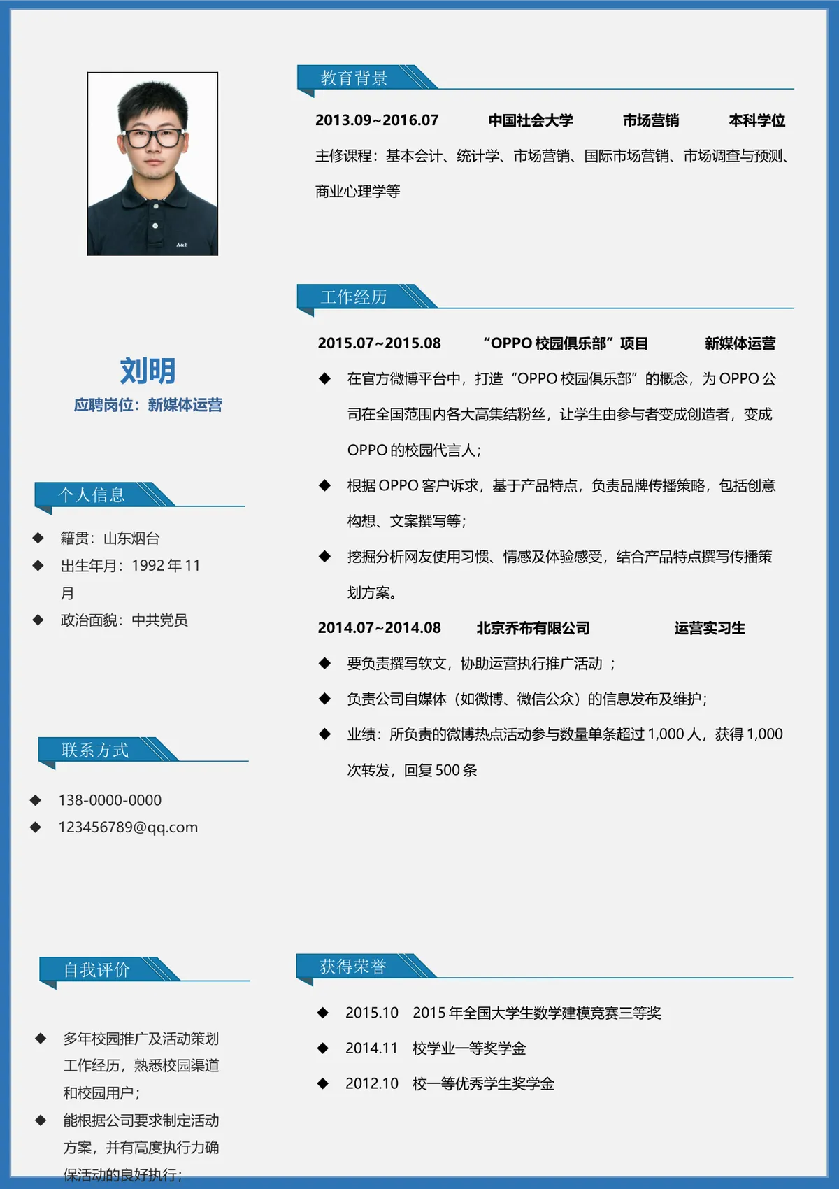 新媒体运营岗位求职应聘个人简历Word文档模板 - 第1页