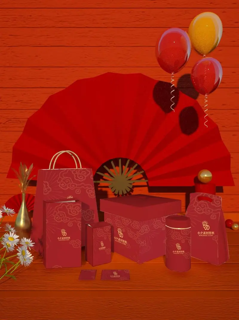 红色国潮新年礼盒包装品牌VI展示PSD样机素材 - 封面预览