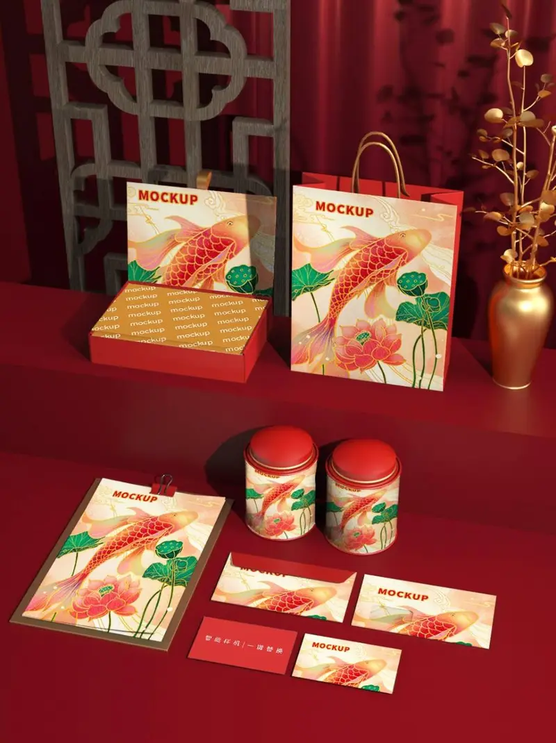 国潮锦鲤荷花品牌礼盒包装文创样机PSD设计素材 - 封面预览