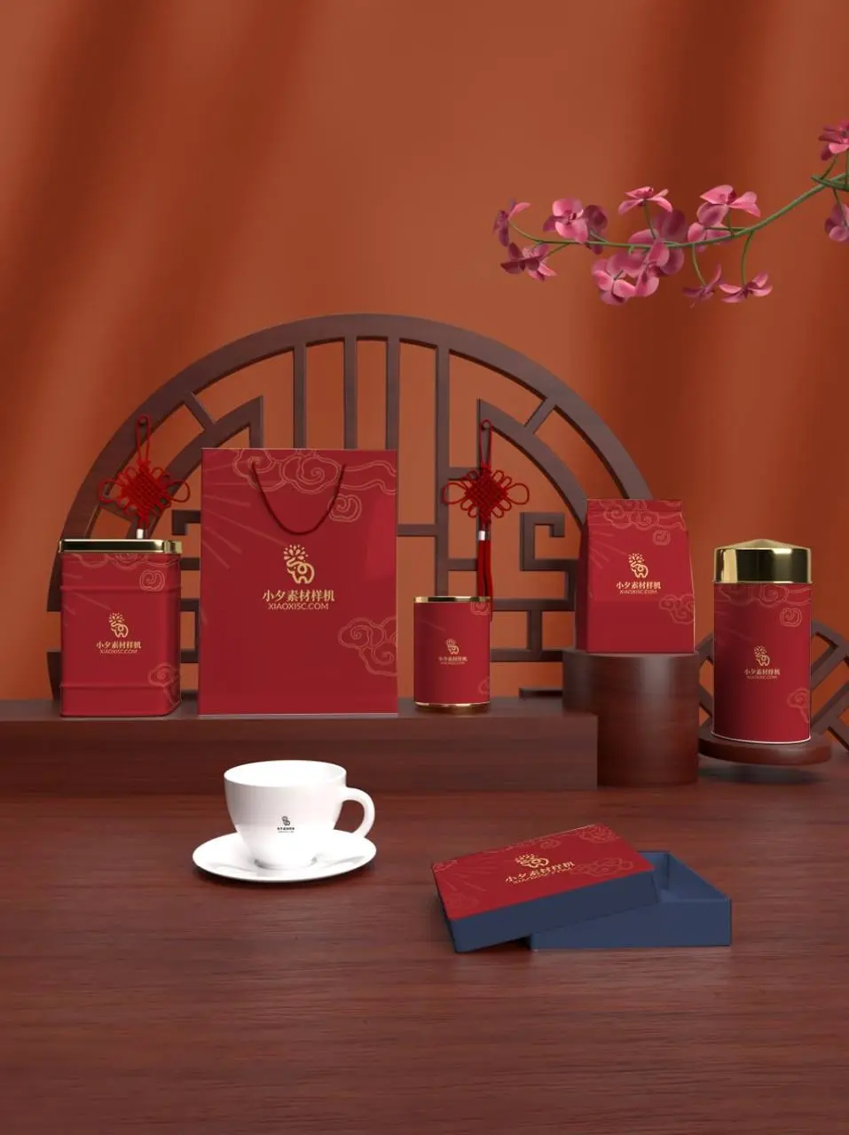 国风红色茶叶品牌包装VI展示PSD样机素材 - 第1页
