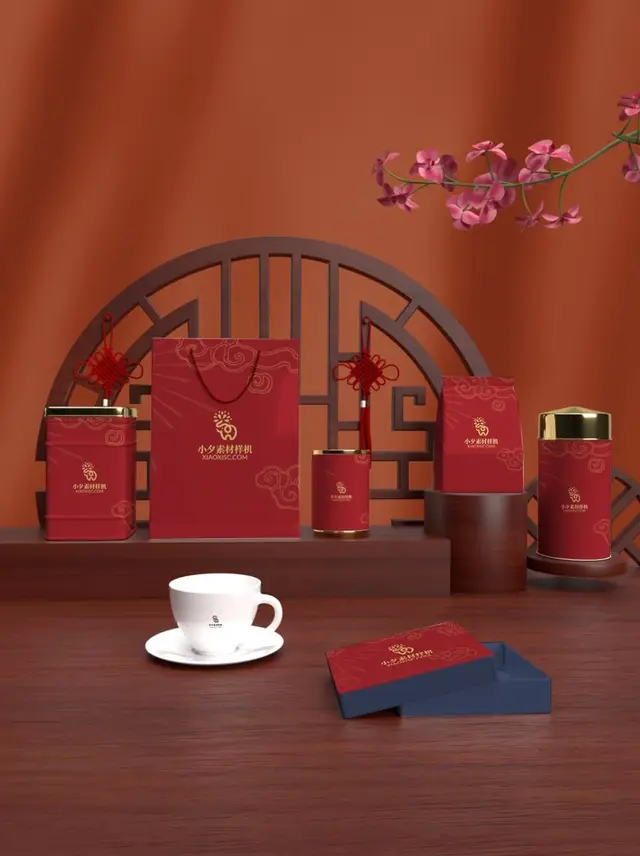 国风红色茶叶品牌包装VI展示PSD样机素材 - 封面预览