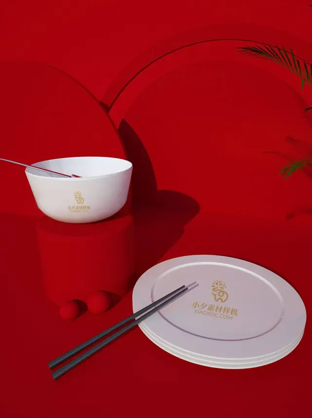 中国红喜庆餐饮餐具品牌logo展示样机PSD素材 - 封面预览