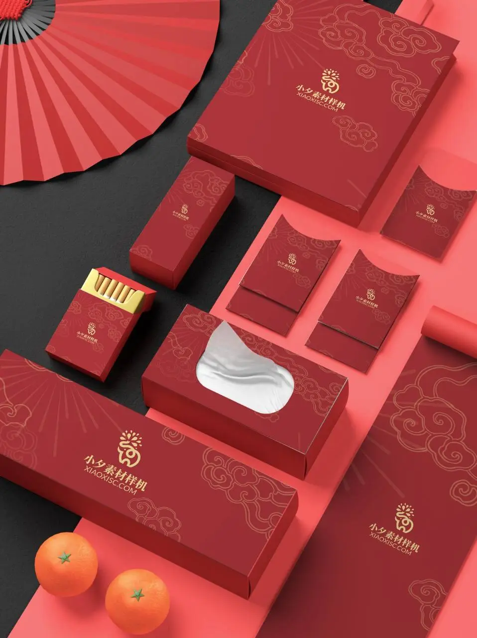 国潮红色新年品牌文创周边VI样机PSD设计素材模板 - 第1页