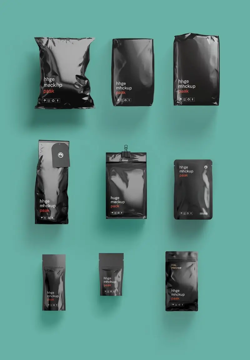 多款式黑色铝箔快递包装袋样机展示PSD设计素材 - 封面预览