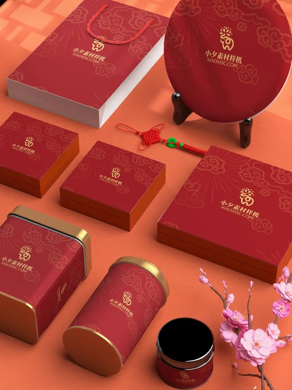 国潮红金新年礼盒包装VI展示PSD样机素材 - 第1页