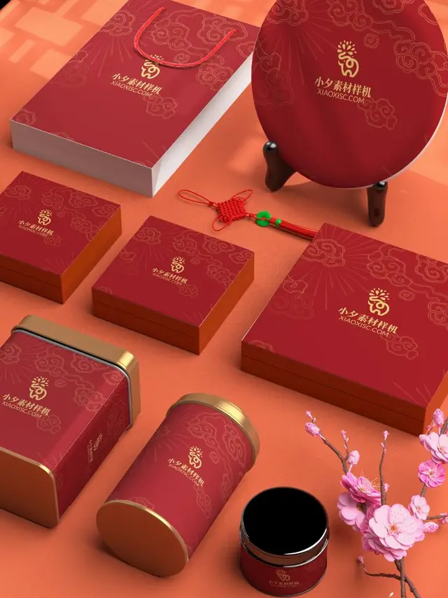 国潮红金新年礼盒包装VI展示PSD样机素材 - 封面预览