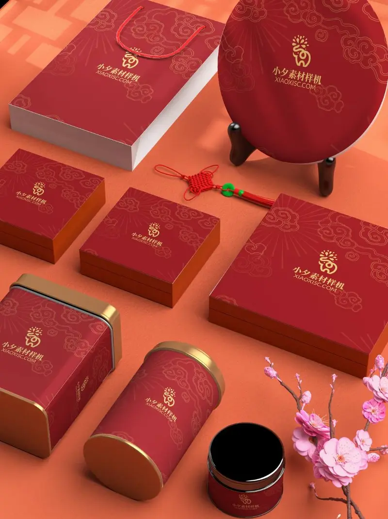 国潮红金新年礼盒包装VI展示PSD样机素材 - 封面预览
