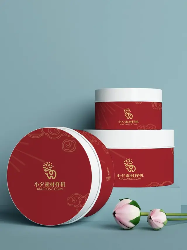 国潮风红色圆形铁罐包装品牌logo展示PSD样机素材 - 封面预览