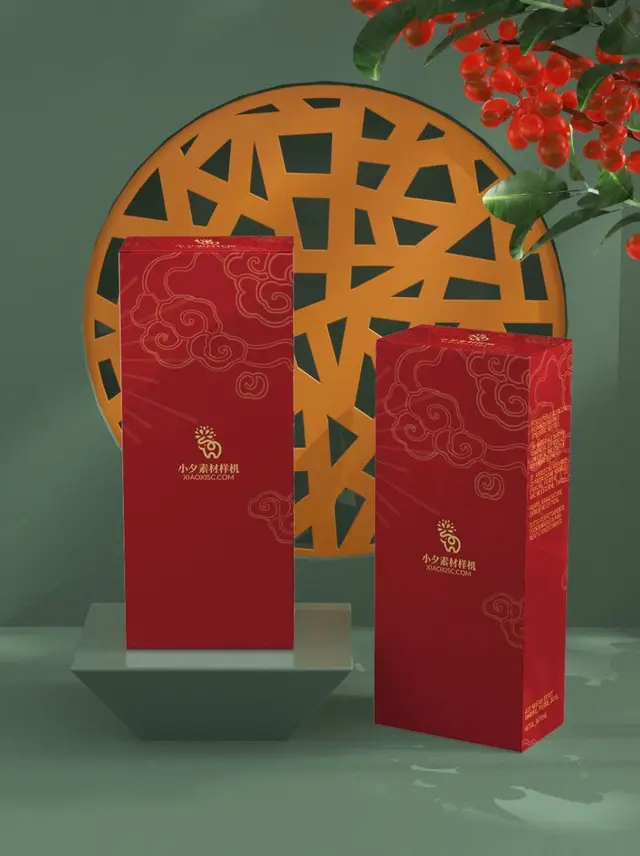 国潮风红色祥云礼盒包装PSD样机 中式产品包装盒效果展示设计素材 - 封面预览