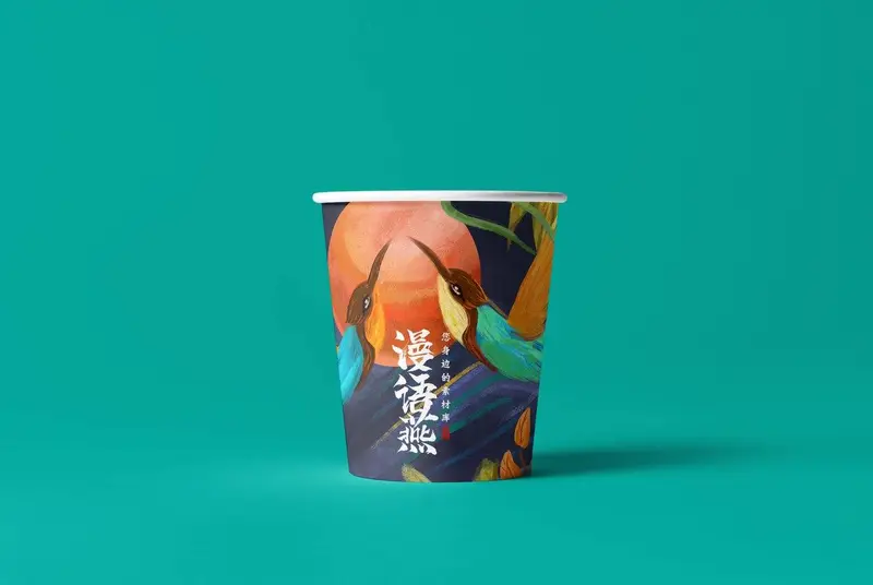 国潮风手绘蜂鸟红日一次性纸杯文创包装设计PSD素材 - 封面预览