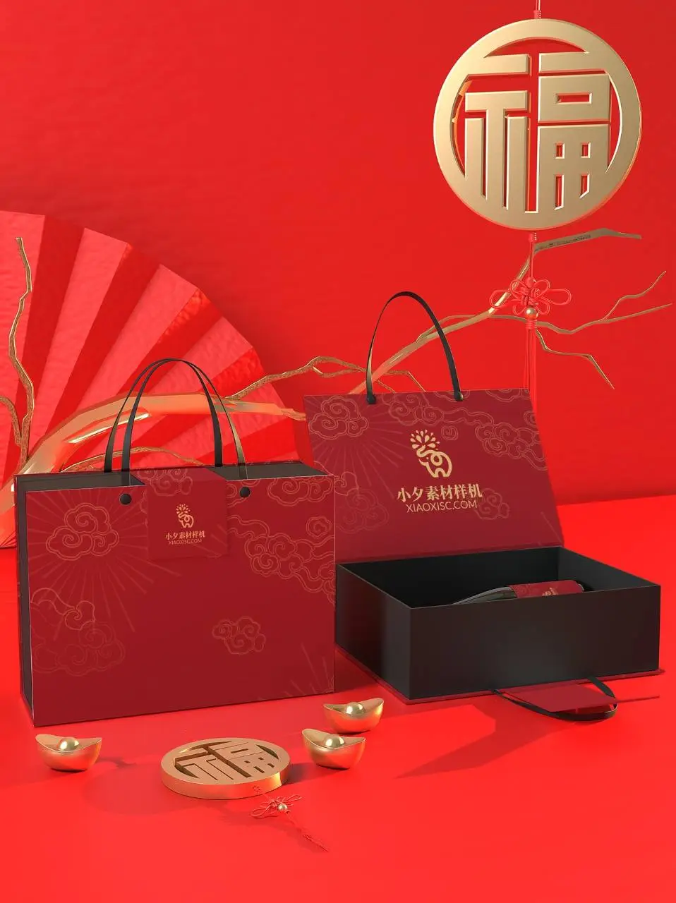 新春国潮礼盒手提袋品牌包装展示PSD样机素材 - 第1页