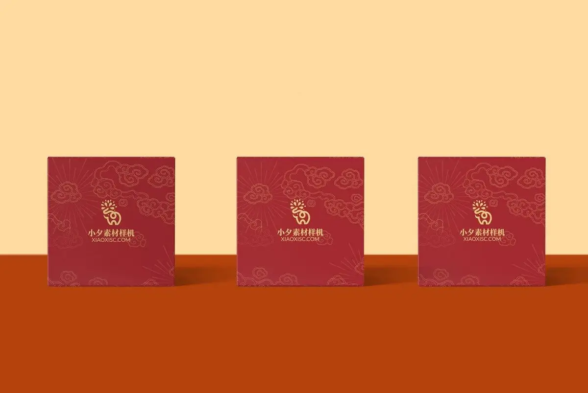 国风祥云红色礼盒包装展示PSD样机素材 - 第1页