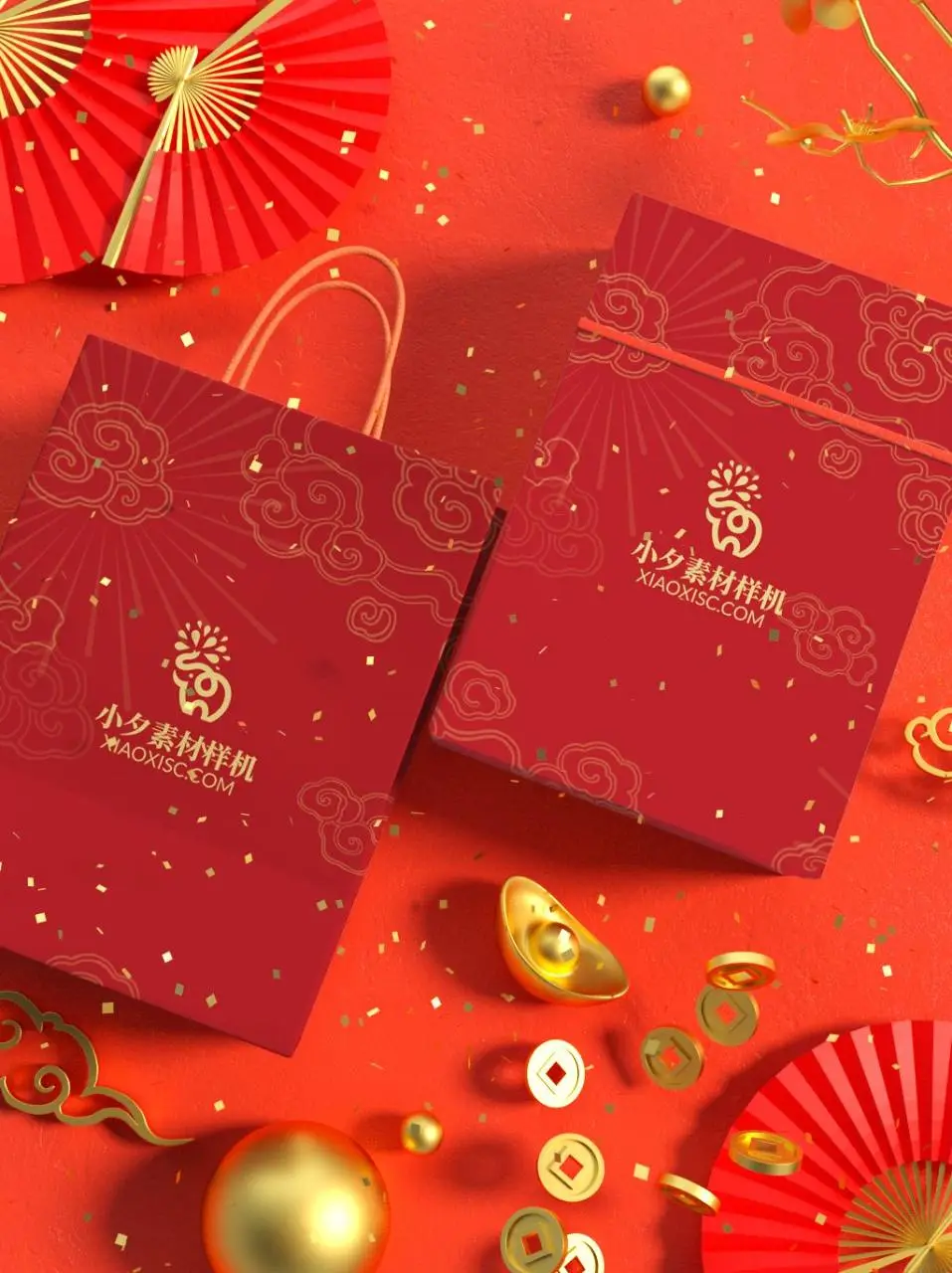 红金国风新年礼盒手提袋包装样机PSD设计素材 - 第1页