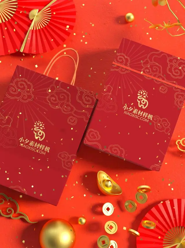 红金国风新年礼盒手提袋包装样机PSD设计素材 - 封面预览