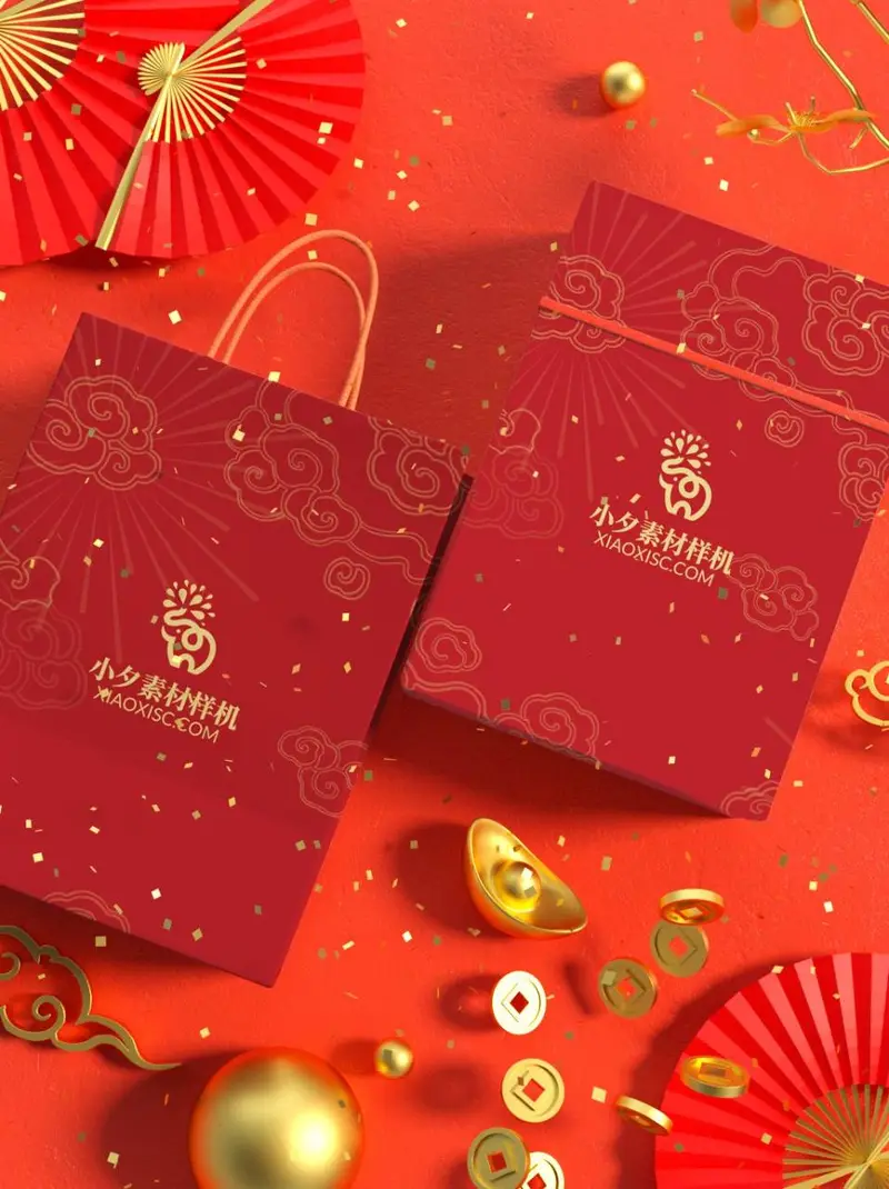 红金国风新年礼盒手提袋包装样机PSD设计素材 - 封面预览