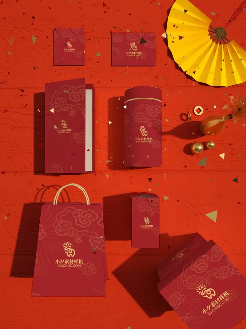 红金国风新年品牌文创礼盒包装样机PSD素材 - 封面预览