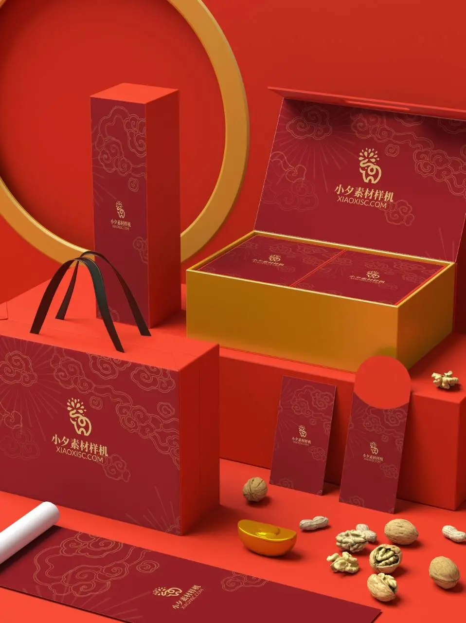 国潮红金新年礼盒品牌VI包装展示PSD样机素材 - 第1页
