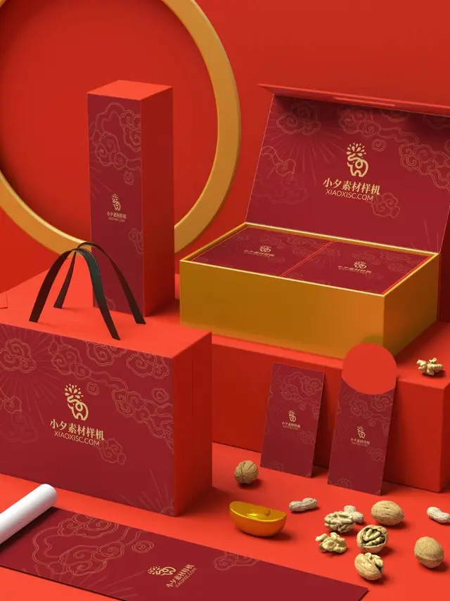 国潮红金新年礼盒品牌VI包装展示PSD样机素材 - 封面预览