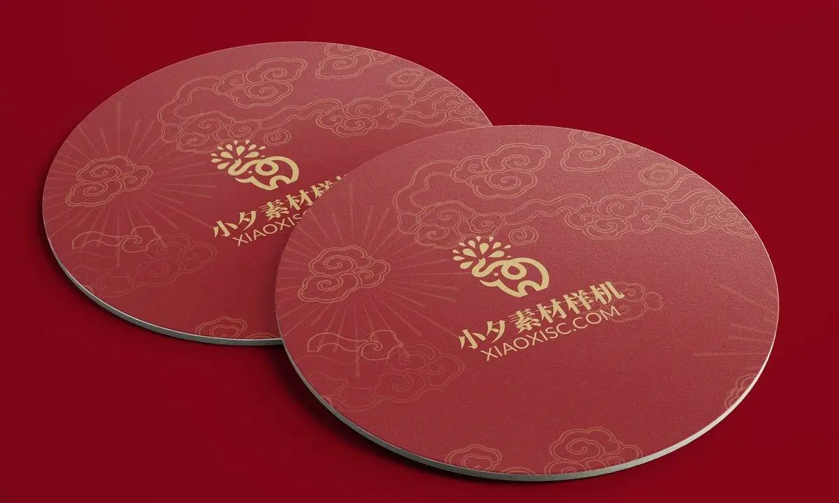 国潮红金祥云圆形杯垫品牌logo展示PSD样机素材 - 第1页