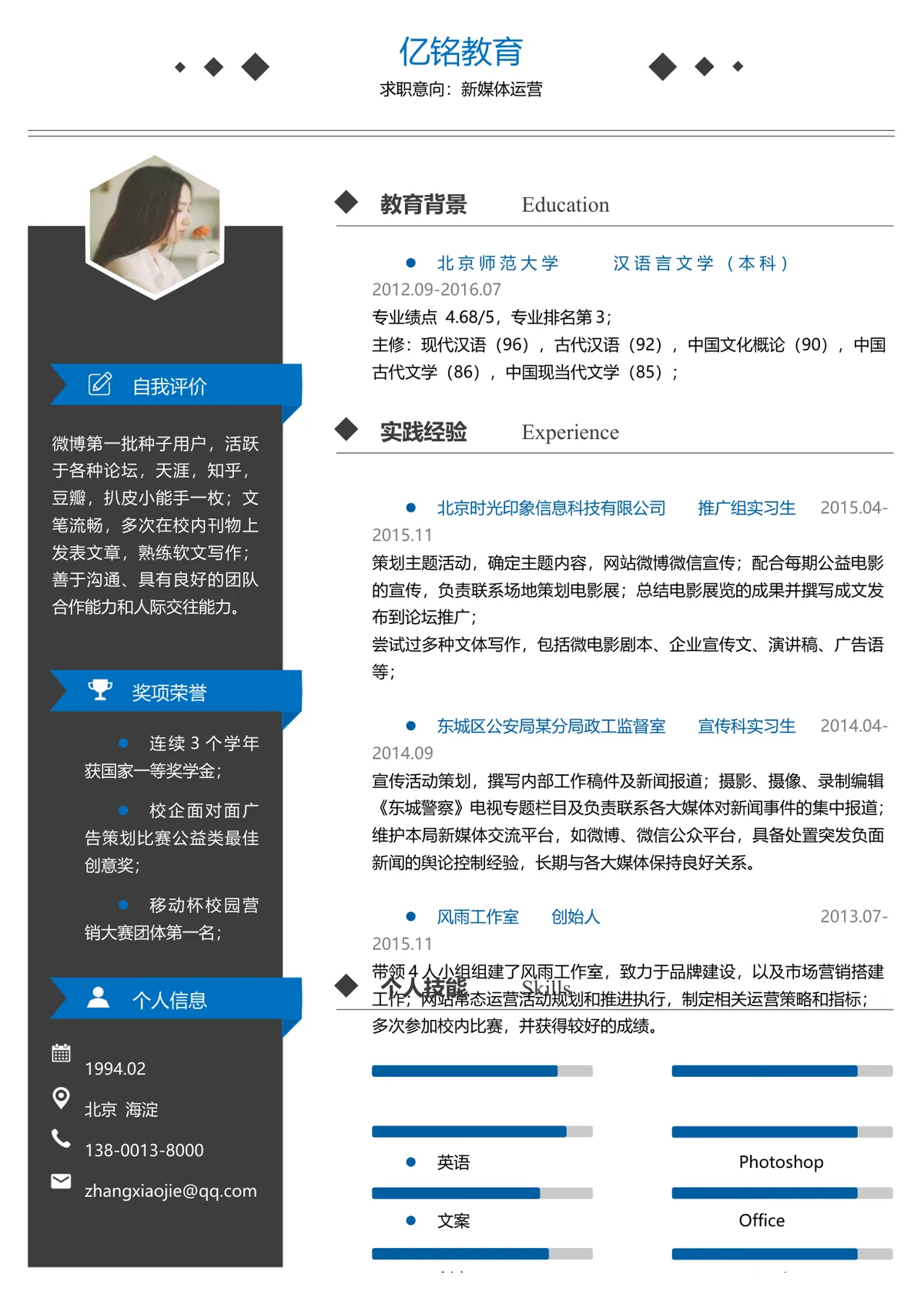 新媒体运营求职简历Word文档模板 - 第1页