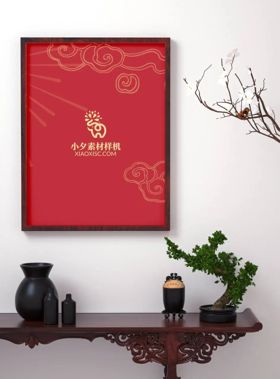 中式红祥云装饰画相框展示样机PSD设计素材 - 第1页