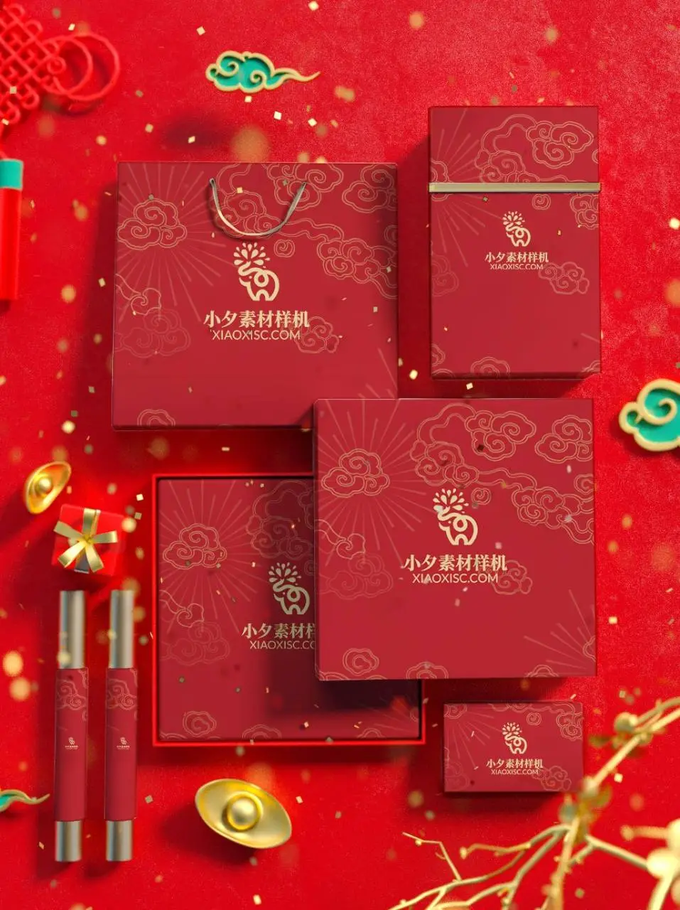 国潮红金新年礼盒包装品牌LOGO展示PSD样机素材 - 第1页