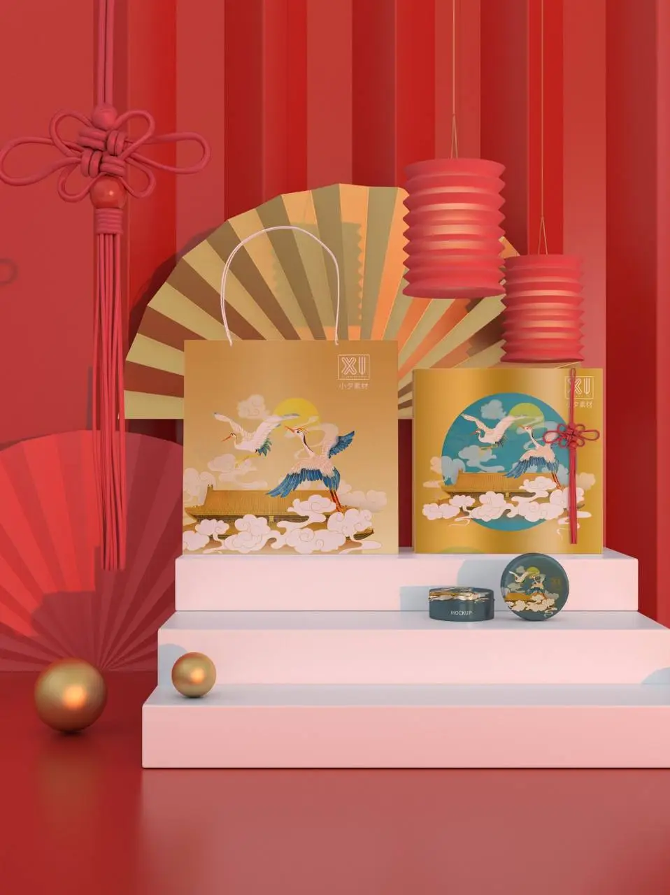 国潮风仙鹤祥云包装礼盒手提袋展示效果PSD设计素材 - 第1页