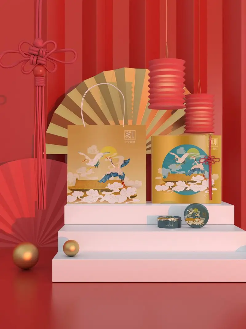 国潮风仙鹤祥云包装礼盒手提袋展示效果PSD设计素材 - 封面预览